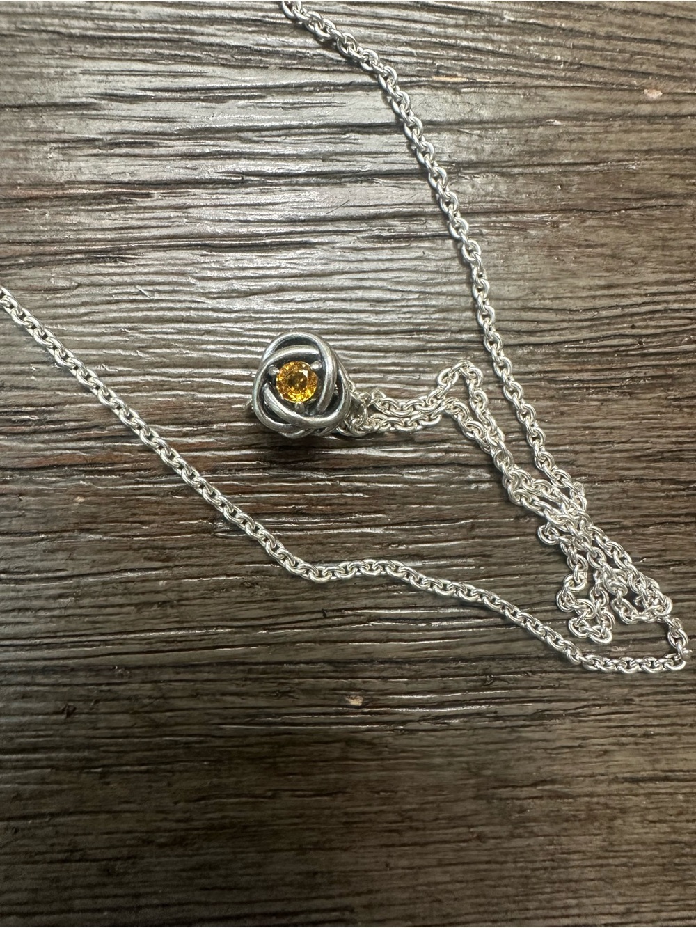 Pandora Sterling Silver Rose Pendant Necklace with Yellow Stone